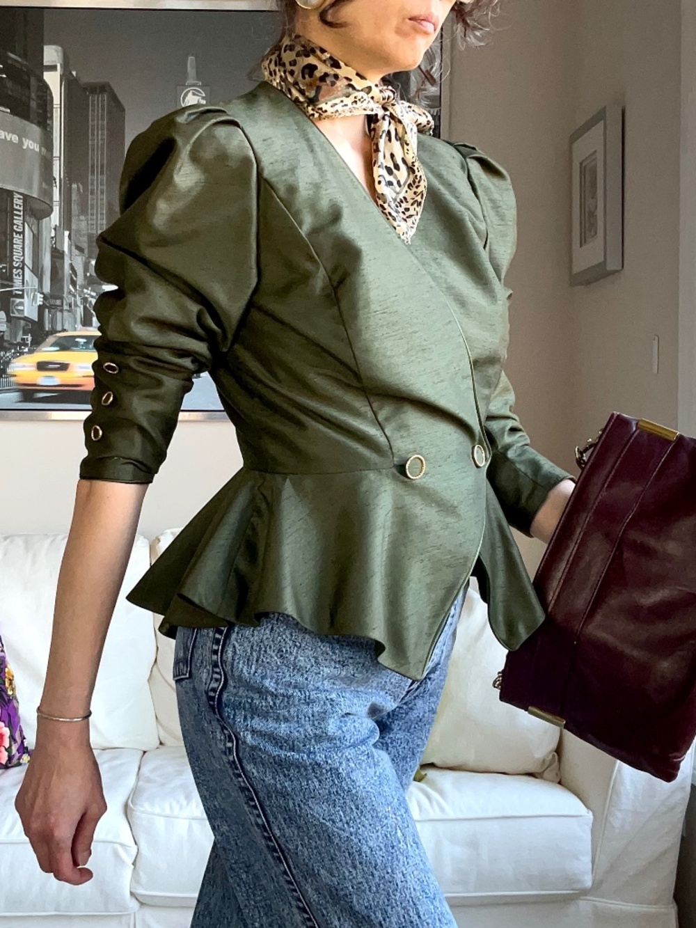 Olive green puff shoulder peplum blazer